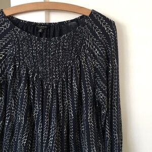 LP Lucky Brand Cotton Modal Long Sleeve Printed Blouse Navy Blue Cream